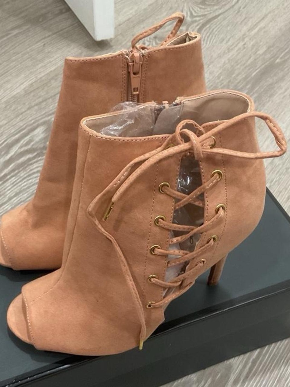 Lace-Up Peep Toe Ankle Boots - Tan Suede